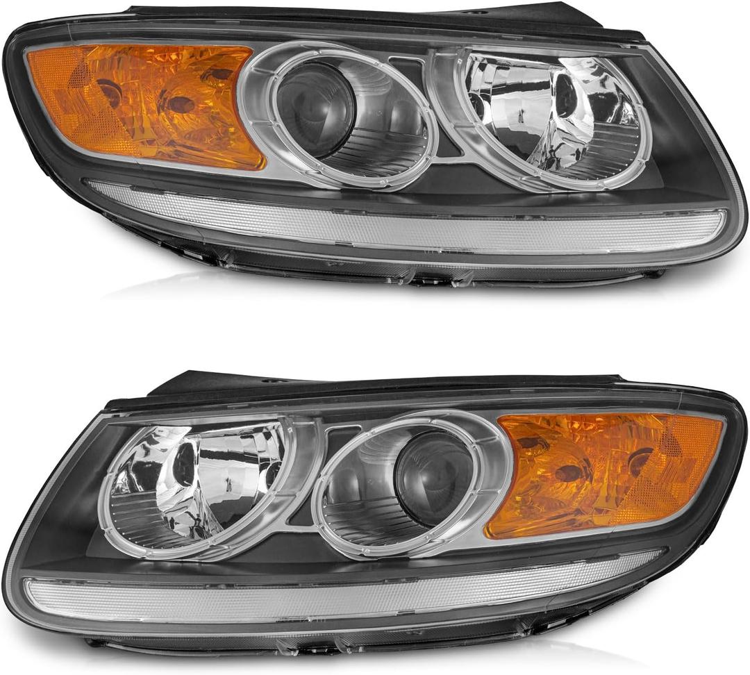 WEELMOTO Halogen Headlights for 2007-2012 Hyundai Santa Fe, Headlamp Compatible with 2007 2008 2009 2010 2011 2012 Santa Fe Replacement Driver & Passenger Side Black Housing Amber Reflector