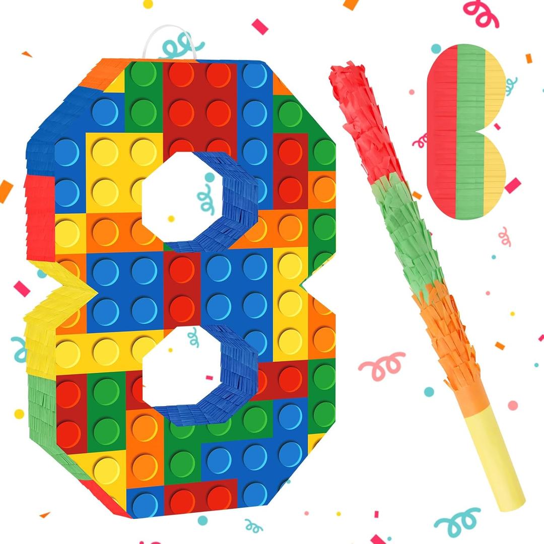 Number 8 Pinata Building Blocks 8th Birthday Party Decorations with Pinata Stick Blindfold for Kids Happy Birthday Building Block Theme Party Supplies (Small, 16 x 10.6 x 3 In)
