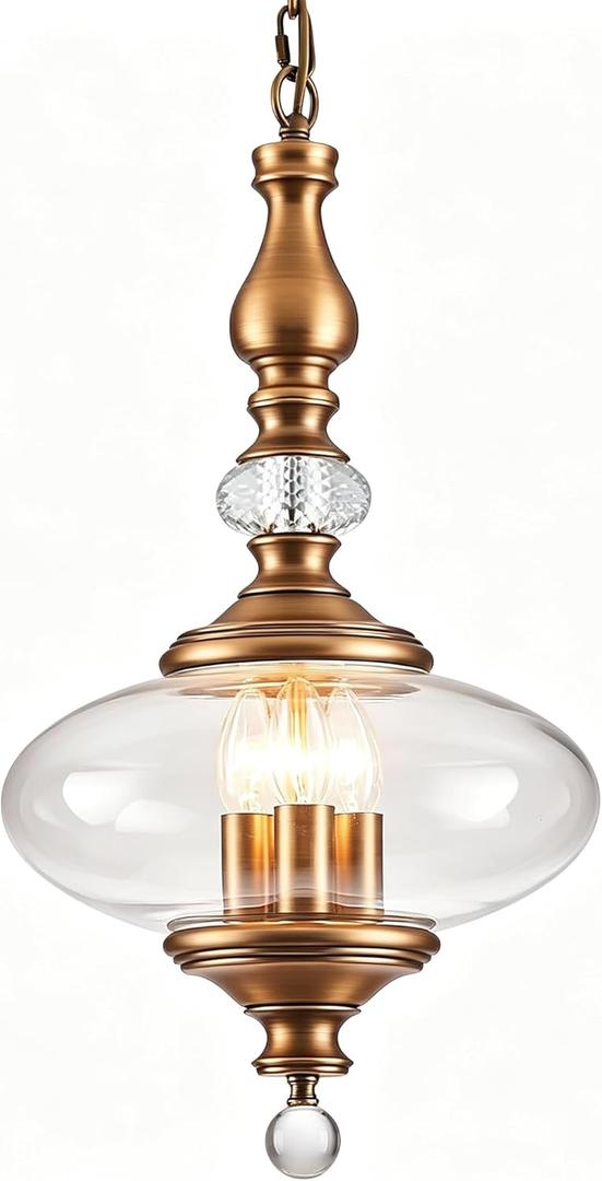 Vintage Kitchen Island Pendant Light Antique Brushed Brass Glass Chandelier for Living Room Dining Room Bedroom, W 11.8 in. H 23.6 in.