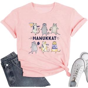 Hanukkah Shirt Women Bow Menorah Candles Hanukkah T-Shirt Jewish Menorah Chanukah Tee Tops (Pink, XL)