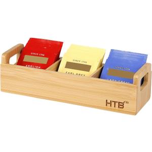 HTB Small Tea Bag Holder, Bamboo Tea Organizer 3 Compartments for Beverage Suppliers, Sugar, Sweeteners, Individual Packets, Portable Tea Bag Organizer for Home Kitchen Counter or Office