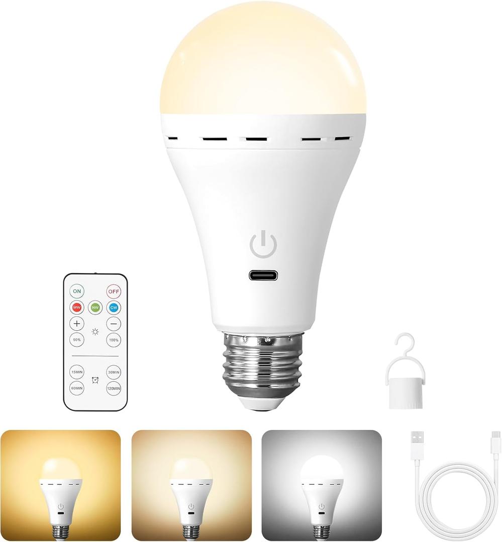 Wireless Rechargeable Light Bulbs with Remote, 1Pack LED Cordless Battery Operated Light Bulbs for Lamps, E26 Battery Powered Magic Light Bulb with 300LM, 3 Color, Dimmable for Non-Hardwired