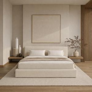 Square Bed – Washable Zip Cover - Upholstered Linen Soft Foam - Modular Minimalist Modern - Sold Separately (Cream Linen, Queen Headboard)