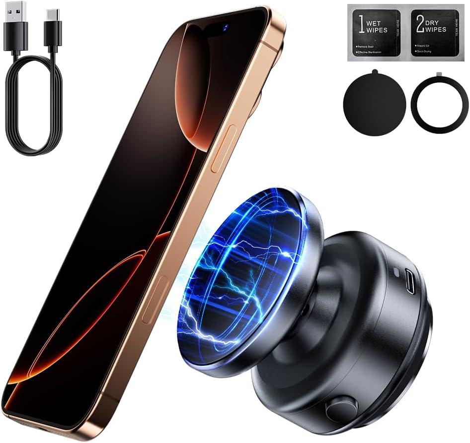 Magnetic Phone Holder, 360Rotation Car Phone Mount, Electric Vacuum Strong Magnet for Any Smooth Surface Kitchen Mirror Gym,Cell Phone Holder Compatible with iPhone Android ( Not charging phone)