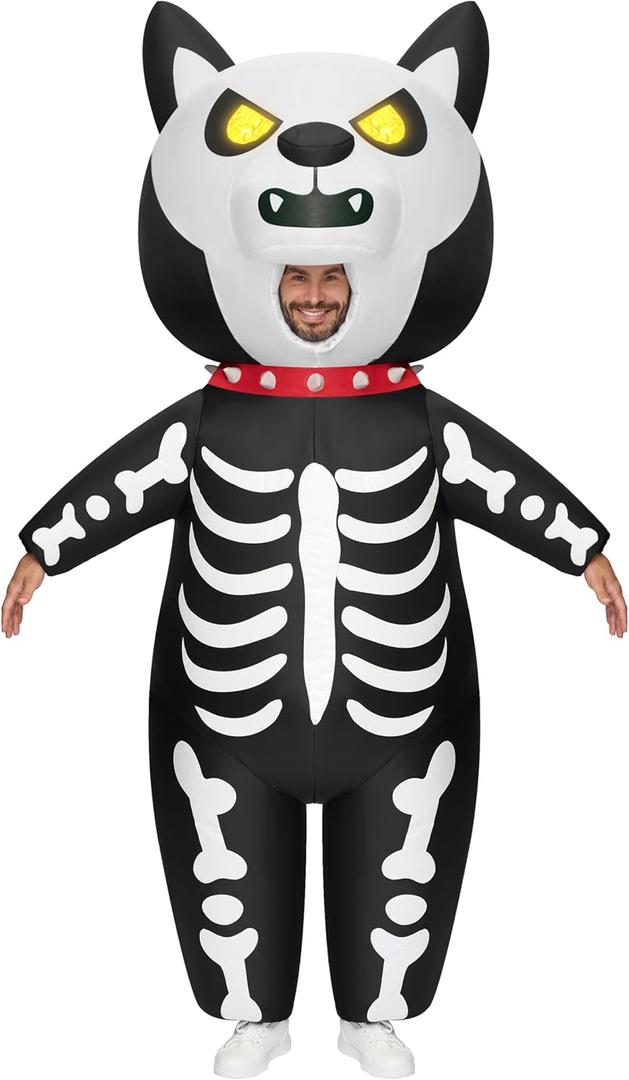 Spooktacular Creations Adults Inflatable Costumes, Light Up Eyes Skeleton Dog Inflatable Suit for Men, Full Body Puppy Blow Up Costumes for Halloween Cosplay Themed Parties, One Size