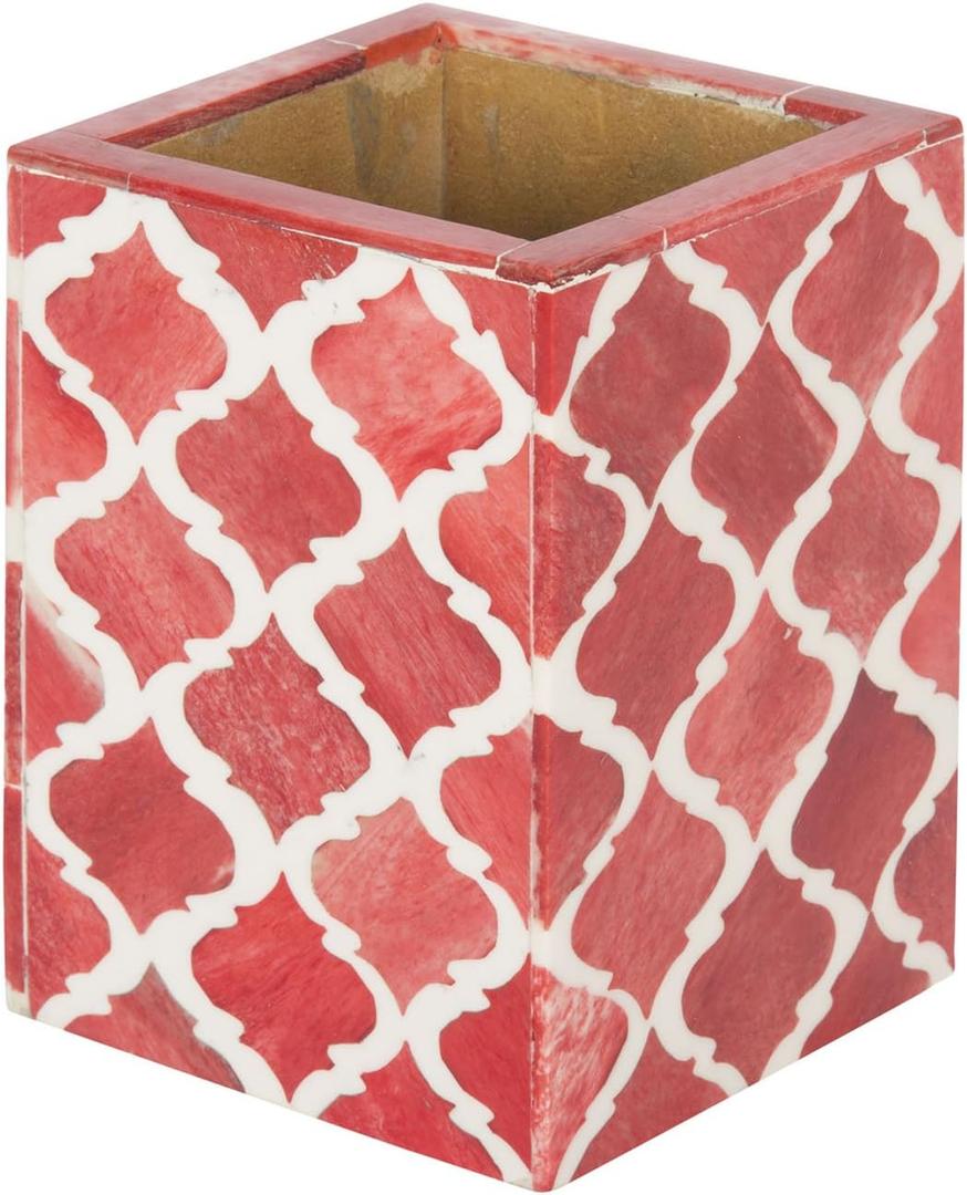 Handicrafts Home Bone Inlay Pen & Pencil Holder Red Desk Organizer, 3x3x4