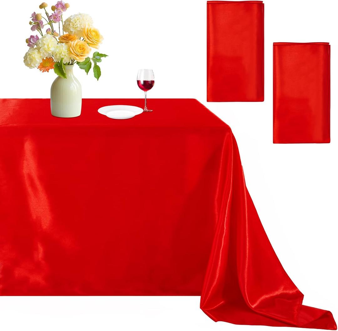 B-COOL Red Satin Tablecloth: Party Tablecloth 2 Pack 90x132inch Rectangle Table Overlays for Holiday Wedding Baby Shower Ceremony