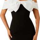 Floerns Women's Off Shoulder Short Sleeve Mini Dress Bow Front Bodycon Dresses (Medium, Black and White)