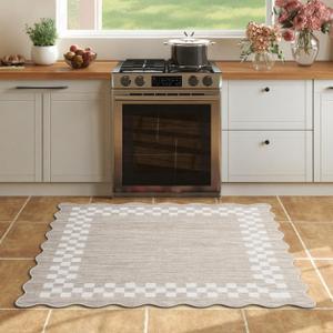 Small Area Rug 2x3 Modern Checkered Entry Rug Solid Color Scalloped Kitchen Rugs Washable Bedroom Doormat Non Slip Stain Resistant Bordered Throw Carpet for Living Room Nursery Laundry, Fog