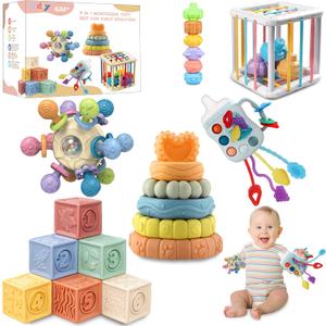 Baby Toys 0-6-12 Months,Montessori Toys for babise 0-6-12-18 Months,Incl Pull String Toy & Shape Sorter & Stacking Building Block & Manhattan ball & Baby Blocksmontessori baby toys for 1 + year