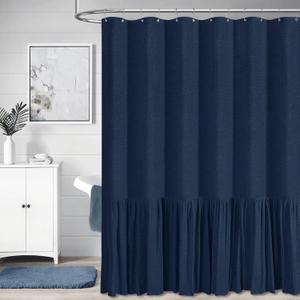 BTTN Extra Long Linen Shower Curtain - 72x96 Inch Long Shabby Chic Heavy Duty Fabric Shower Curtain Set with Ruffle Hem, Tall Farmhouse Vintage Cloth Shower Curtains for Bathroom Decor - Navy Blue
