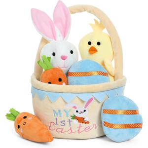 My First Easter Basket Stuffed Plush Playset Baby's First Easter Basket Stuffed Cartoon Bunny Easter Egg Plush Basket for Kids 5pcs (Yellow)