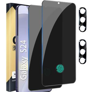 [2+2 Pack] Privacy Screen Protector Compatible with Galaxy S24 5G, 2 Tempered Glass Film with 2 Camera Lens Protectors, High Clarity, Anti-Spy Protection