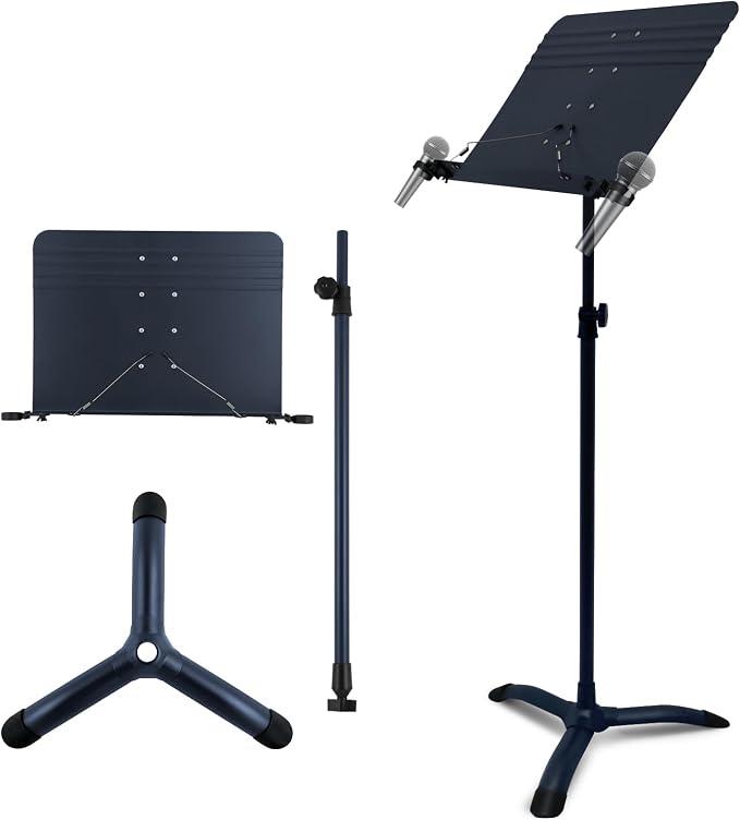 RANMING Music Stand Heavy Duty Music Stand Dual-Use Folding Sheet Music Stand Adjustable Music Note Stand with Microphone Holder Conductor's Sheet Music Stand for Violin,Orchestra (Black Blue)