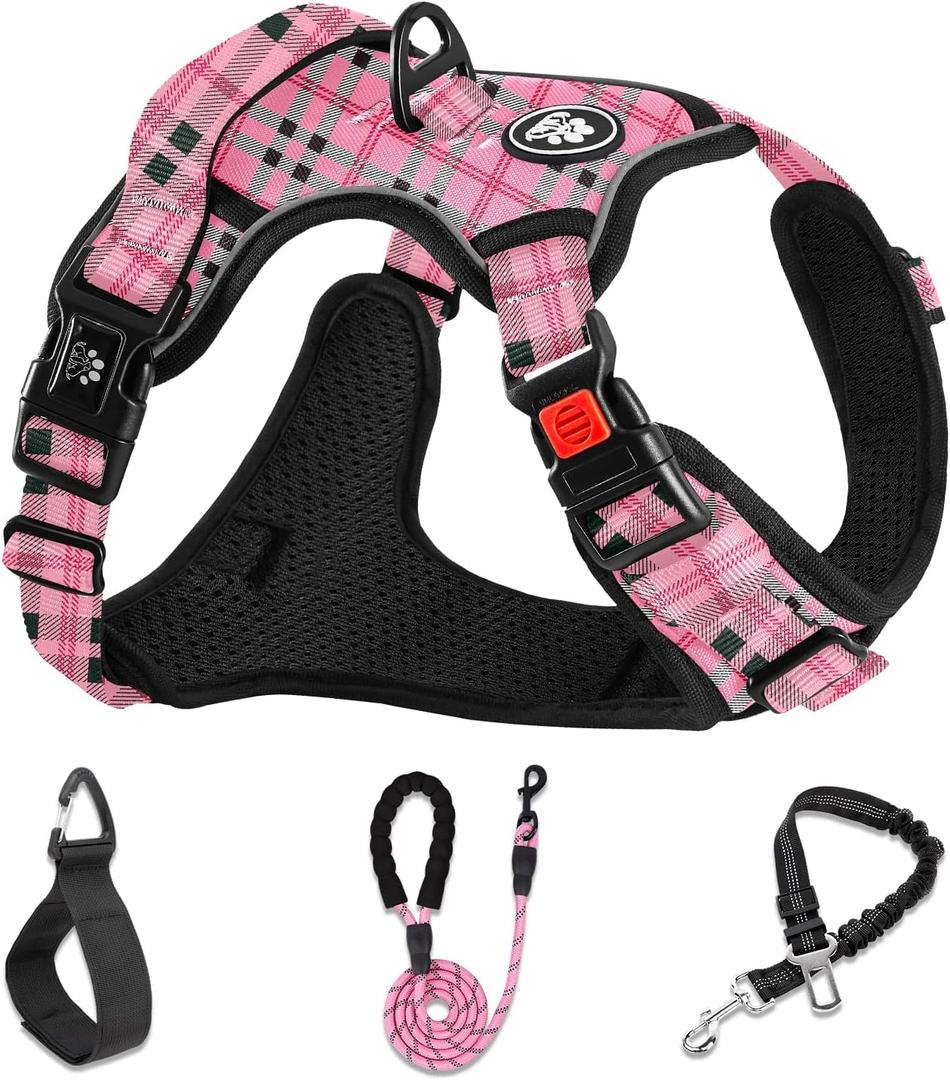 NESTROAD No Pull Dog Harness with Leash, Reflective No Choke Pet Vest Harness,Adjustable Soft Padded Dog Harness with Easy Control Handle for Medium Dogs(Checkered Pink,Medium) (Mneck 13-17" chest 17-25")