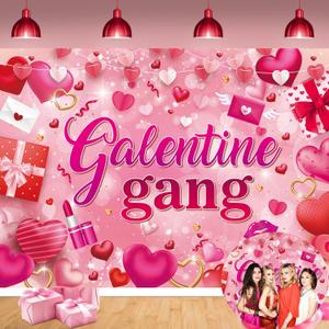 Galentine Gang Banner Backdrop 7x5FT Galentines Day Pink Cosmetics Love Heart Photography Background Valentines Girls Bestie Friend Theme Party Decorations Photo Props