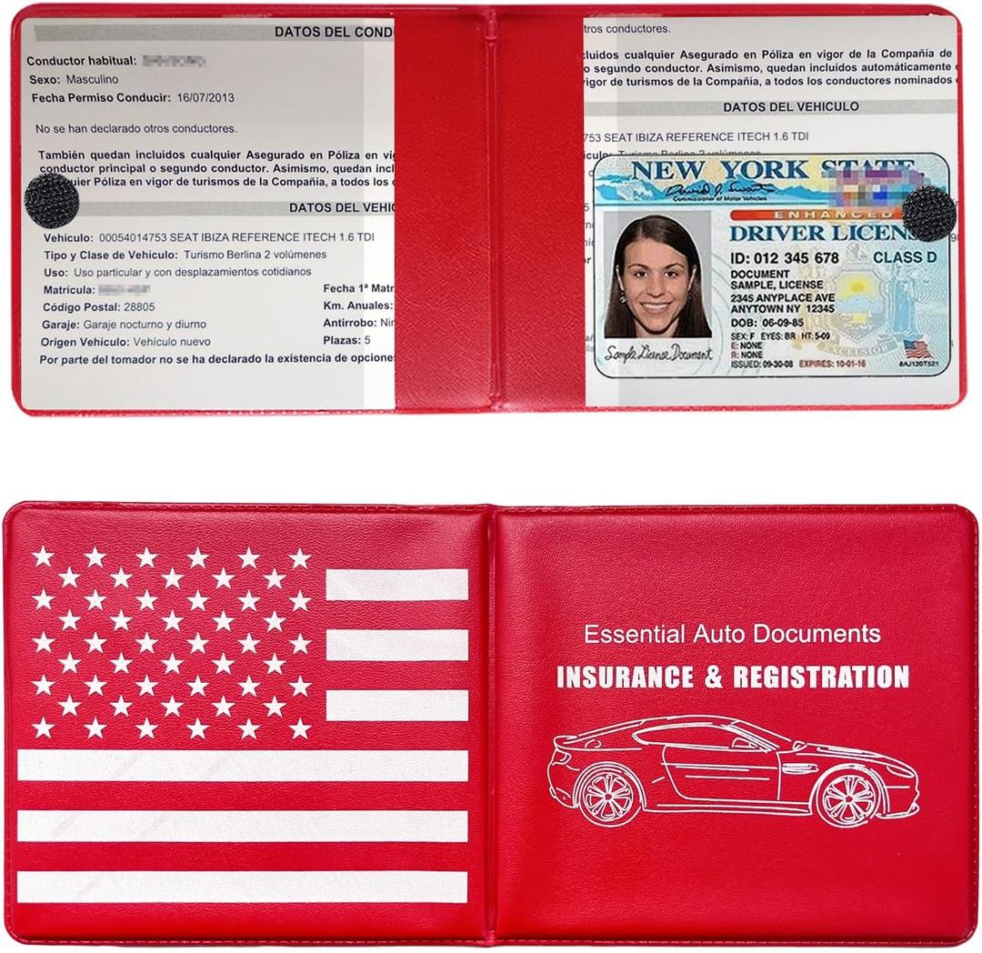 6 x Kewucn Car Registration and Insurance Holder, 2 Pack Premium Auto Essential Document Organizers with Strong Velcro Closure, Universal Vehicle Interior Accessories for Most Cars(Style 5, Red)