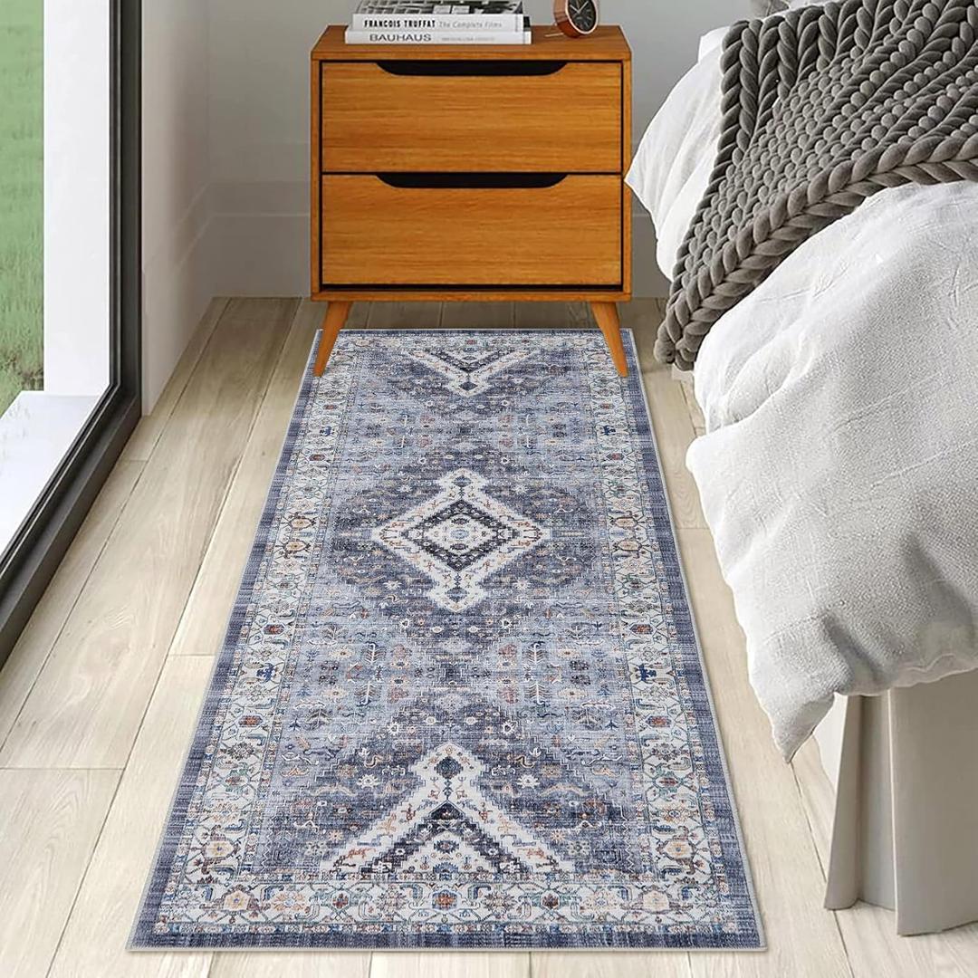Area Rug Washable Vintage Rug Indoor Floor Cover Print Distressed Carpet Foldable Accent Rug Living Room Bedroom Dining Room, Blue, 2'x6' (Gray Blue Tone)