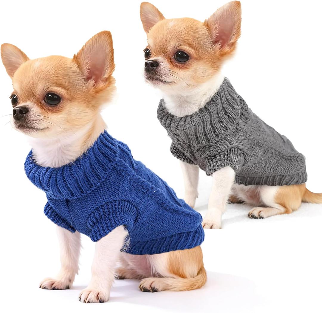 2 Pieces Dog Sweater for Small Dogs Winter Warm Dog Knitted Sweaters Cute Puppy Clothes for Chihuahua Teacup Yorkie Pet Cat Knitwear Turtleneck Thick Clothing XX-Small(0.9~2.4lbs) (plaid Blue+Dark gray)