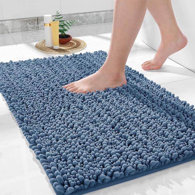 Bathroom Rugs Non Slip Washable 32x20 Inch - Ultra Soft Absorbent Chenille Bath Mat, Quick Dry Shaggy Floor Carpet for Tub Shower, Denim Blue Home Decor Accessories