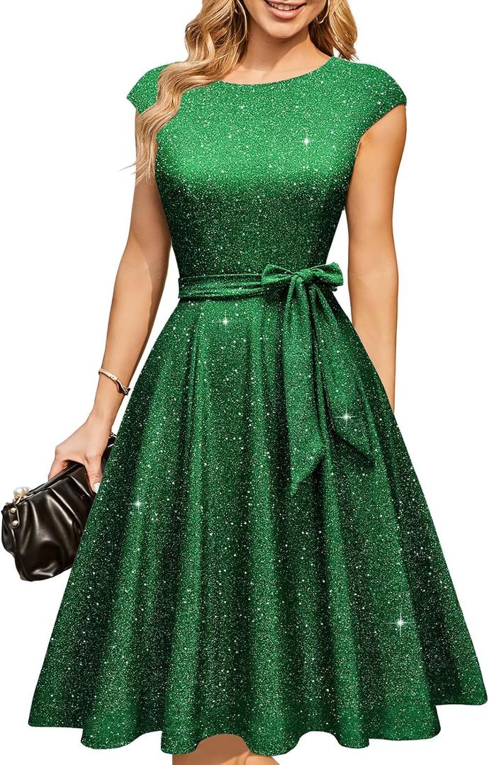 DRESSTELLS Women's Cocktail Dresses, Formal Wedding Guest Modest Church Vintage Tea Party Midi Evening Dress, L