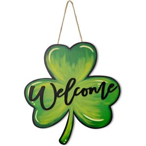 Smile St.Patrick's Day Wooden Welcome Sign Shamrock Clover Decor, Irish Charm Rustic Green Freestanding Wood Door Shelf Sign for Home Entryway