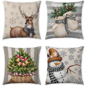 Christmas Pillow Covers 20x20 Inch Set of 4, Holiday Winter Outdoor Vintage Snowflake Xmas Snowman Neutral Farmhouse Seasonal Burlap Reindeer Decorations for Sofa Couch