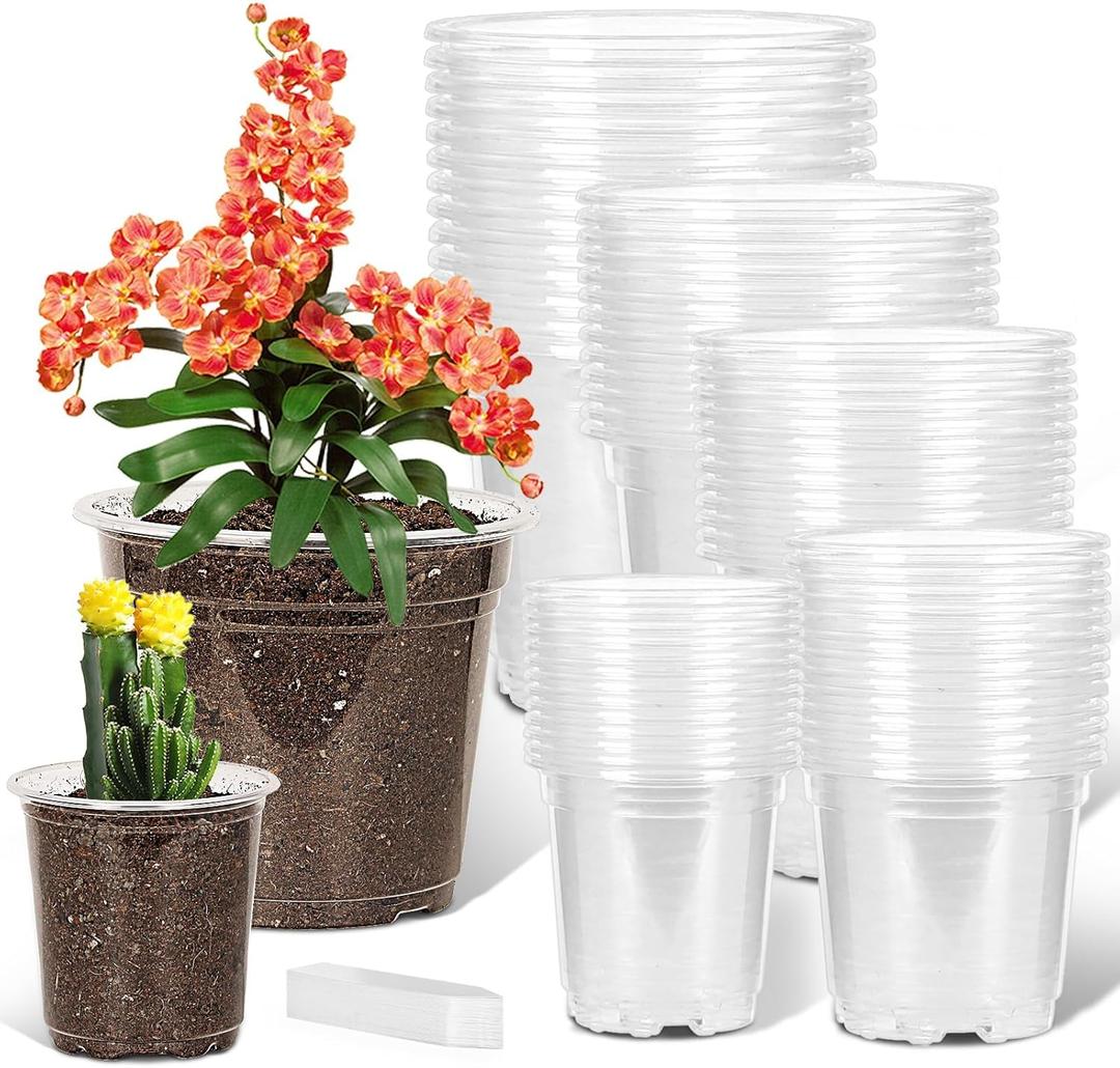 JNYONG 60 Pack 3.5/4/5/6/7 Inch Clear Nursery Pots with Drainage Hole,Variety Sizes Seed Starting Pots Transparent Plastic Plant Pots for Plants Transparency with 50 Plant Labels