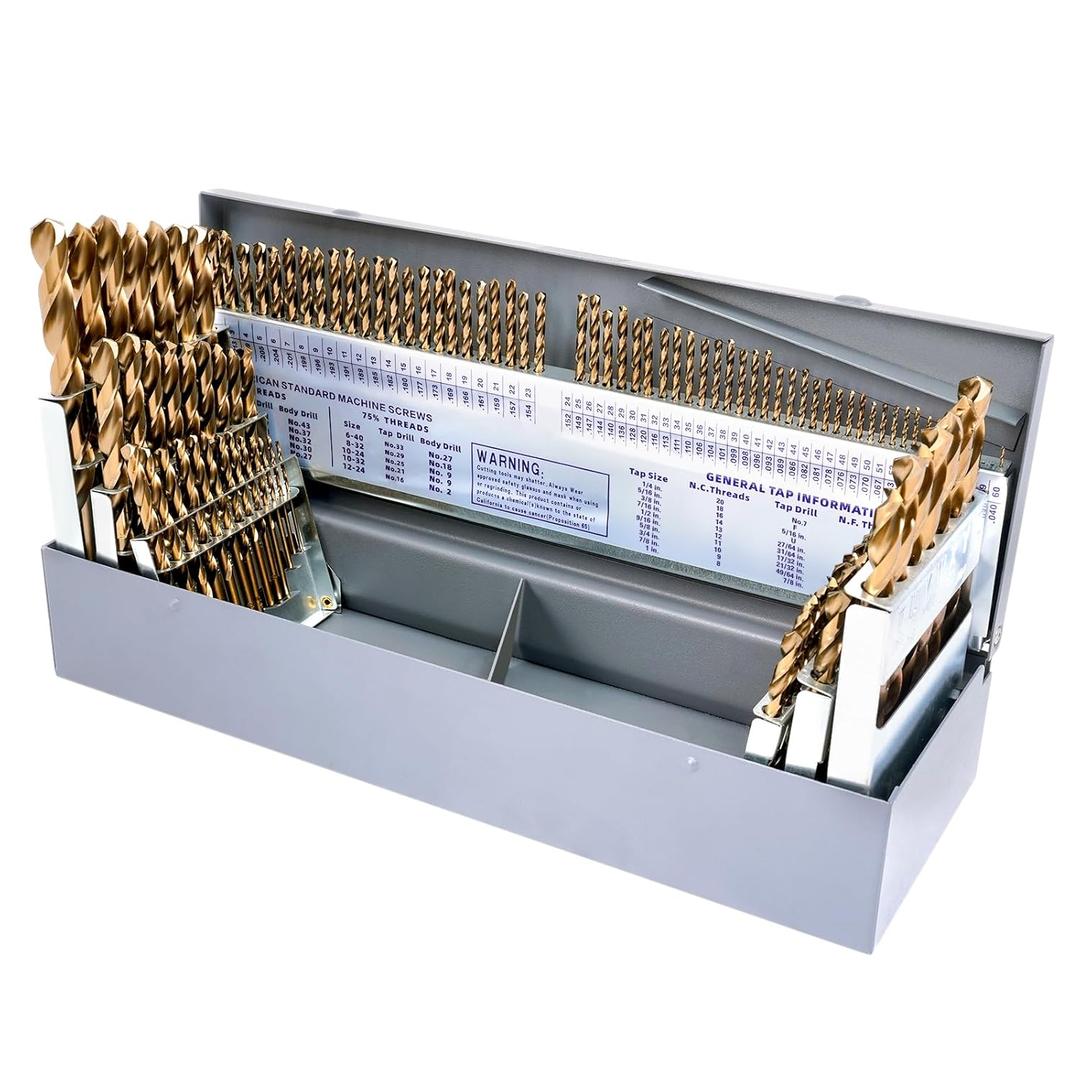 Cobalt Drill Bit Set - 115Pcs M35 High Speed Steel Bits for Hardened Metals, Stainless Steel, Cast Iron and Wooden Plastics, with Metal Index Storage Box,1/16"-1/2", A-Z, #1-#60