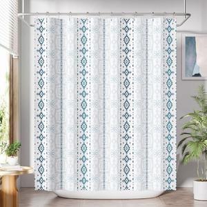 AmazerBath Boho Shower Curtain, 72x72 Washable Cloth Navy and White Shower Curtains for Bathroom, Fabric Rustic Neutral Shower Curtain Set with 12 Hooks, Modern Camper RV Dorm Stall Shower Curtain