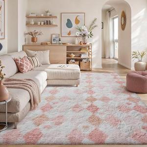 PureCozy Checkered Rug 8x10 Fluffy Shag Living Room Pink Area Rug Modern Washable Carpet Soft Shaggy Non Slip Indoor Plush Fuzzy Rugs for Bedroom Dorm Office Home Aesthetic Decor Boho Pink