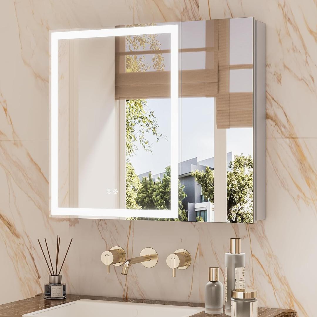 TETOTE 30 x 26 LED Lighted Medicine Cabinet with Mirror with Adjustable Shelves, Silver Aluminum Cabinet, Anti-Fog Stepless Dimmable 3 Colors White/Warm/Natural, Easy to Install(Wall Mount/Recessed)