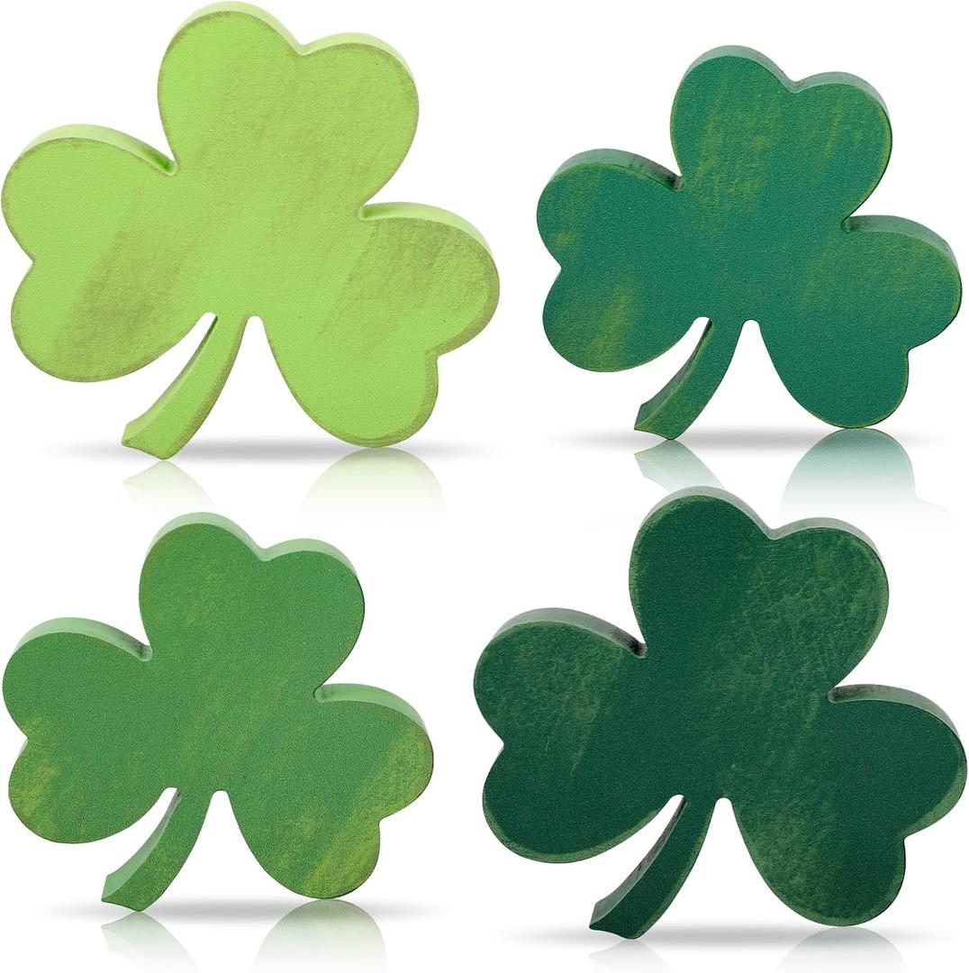 COCHIE Shamrock St Patricks Day Decorations, Wooden St. Patrick's Day Tiered Tray Decor Set of 4, Green Clover Saint Patrick Day Table Top Decoration for Home, Shelf, Door, Office Party (Retro)