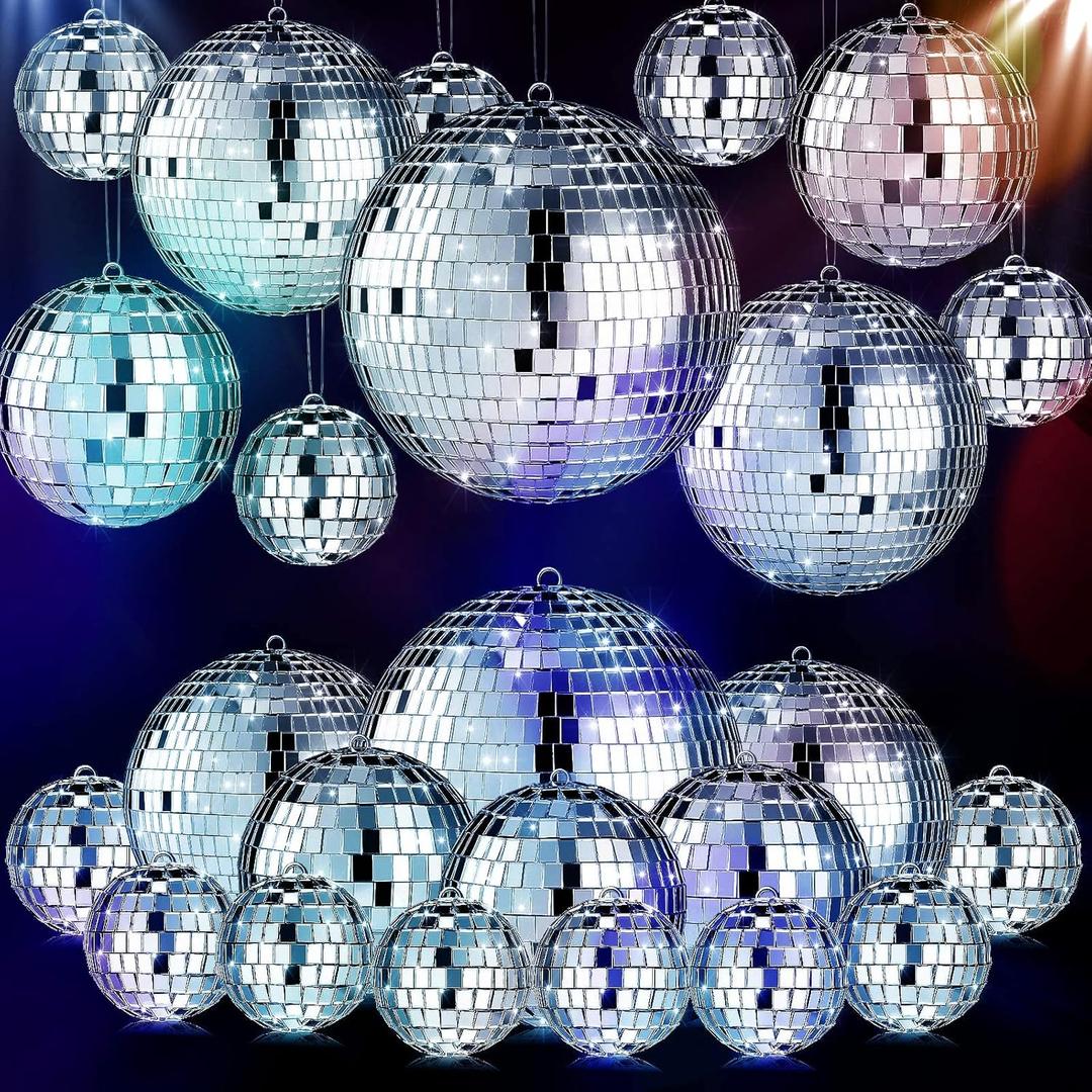 MTLEE 20 Pcs Disco Balls Decoration Mirror Disco Ball Assorted Silver Mini Glass Different Sizes Reflective with Rope for 70s Wedding Dance Music(6, 4, 3. 2, 2 Inch)