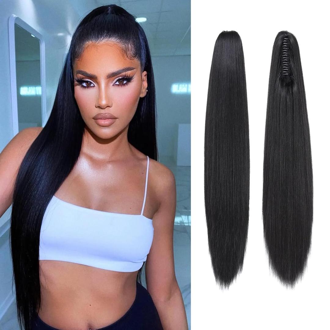 Ponytail Extension,26" Claw Clip in Ponytail Hair Extensions,Long Straight Hair Clip Extensions for Women,Fluffy Natural Looking Synthetic Hairpiece for Daily Use (Natural Black)