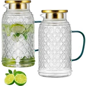 Buaic Glass Pitcher with Lid, 2 PACK 68 oz/2 Liter Vintage Water Pitcher, Clear Borosilicate Glass Water Carafe for Cold Brew, Coffee, Lemonade, Iced Sun Tea,Beverage, Milk, Heat Resistant