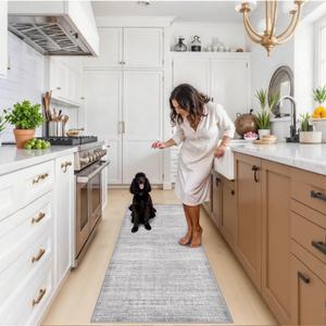 Washable Hallway 2x6 Runner Rugs: Soft Boho Geometric Entryway Kitchen Carpet Non-Slip Neutral Stain-Resistant Floor Mat for Bedroom Bathroom Gifts for Newlyweds/Household Home Decor(Grey/Ivory,2x6)