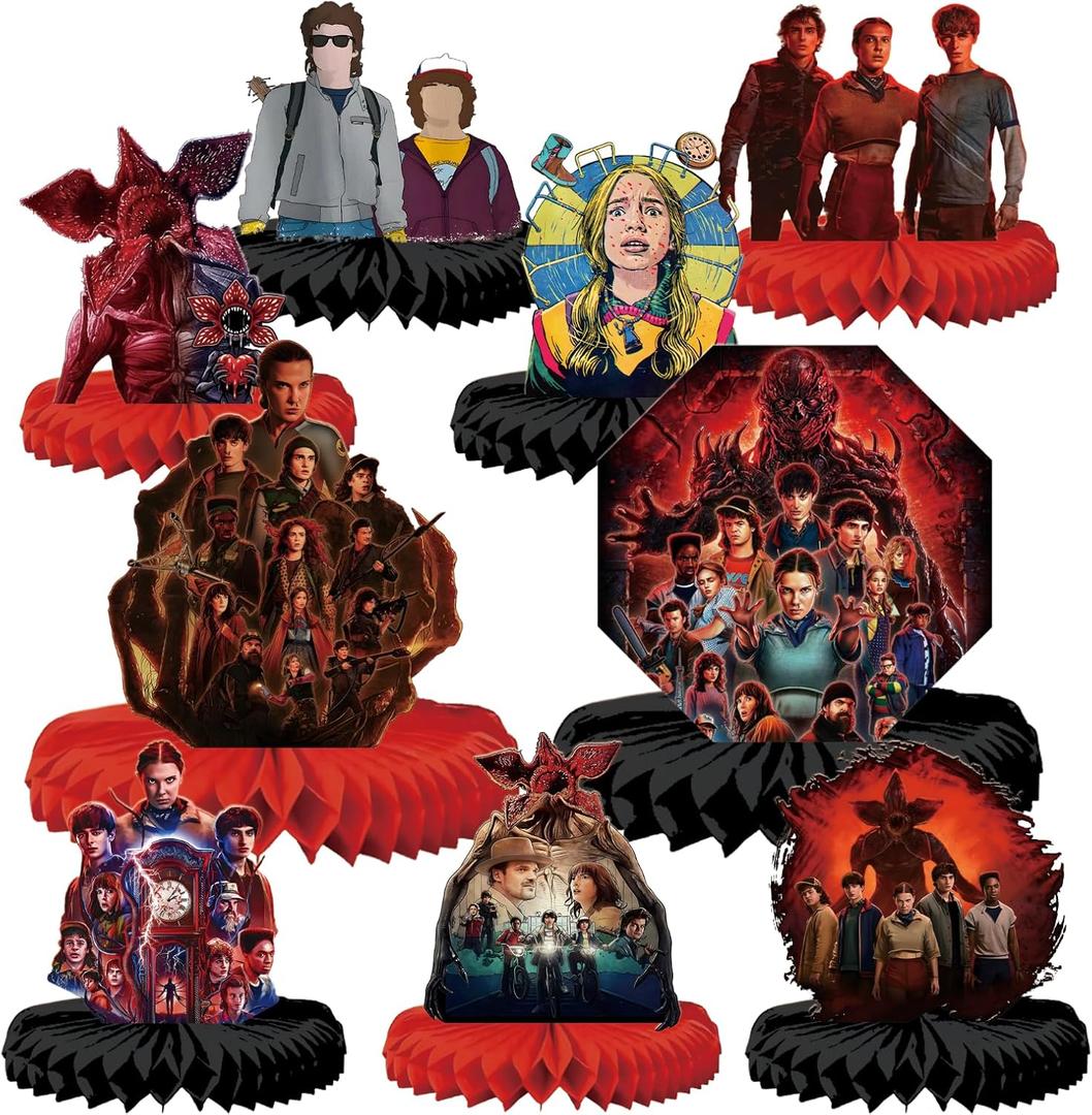 9 pcs Stranger Season 5 Things Honeycomb Table Centerpiece, Stranger Season 5 Things Birthday Party Supplies Table Decorations for Kids Party Decorations
