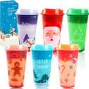 6pcs Christmas Color Changing Hot Cups with Lids, Plastic Reusable Hot Coffee Cups for Adults Kid Winter Christmas Holiday Birthday Party Cups Tumblers, 16 Oz