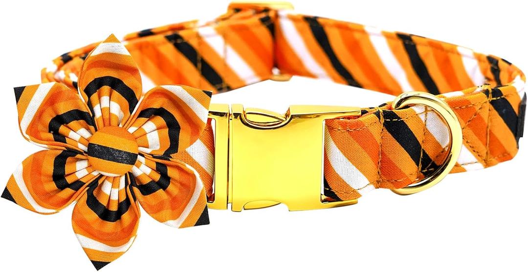 Elegant Little Tail Halloween Dog Collar - Orange Stripe Pet Collar With Flower for Small Dogs - Soft Durable Holiday Accessory (Small (Pack of 1))