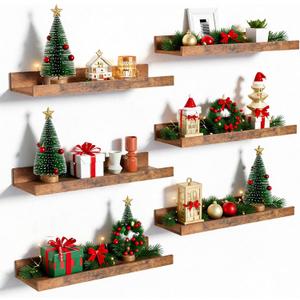 upsimples Floating Shelves for Wall, Wall Shelves for Decor Storage Set of 6, Wall Mounted Wood Shelf for Bedroom, Living Room, Bathroom, Kitchen, Picture Ledge Shelf, Brown (15.7in)