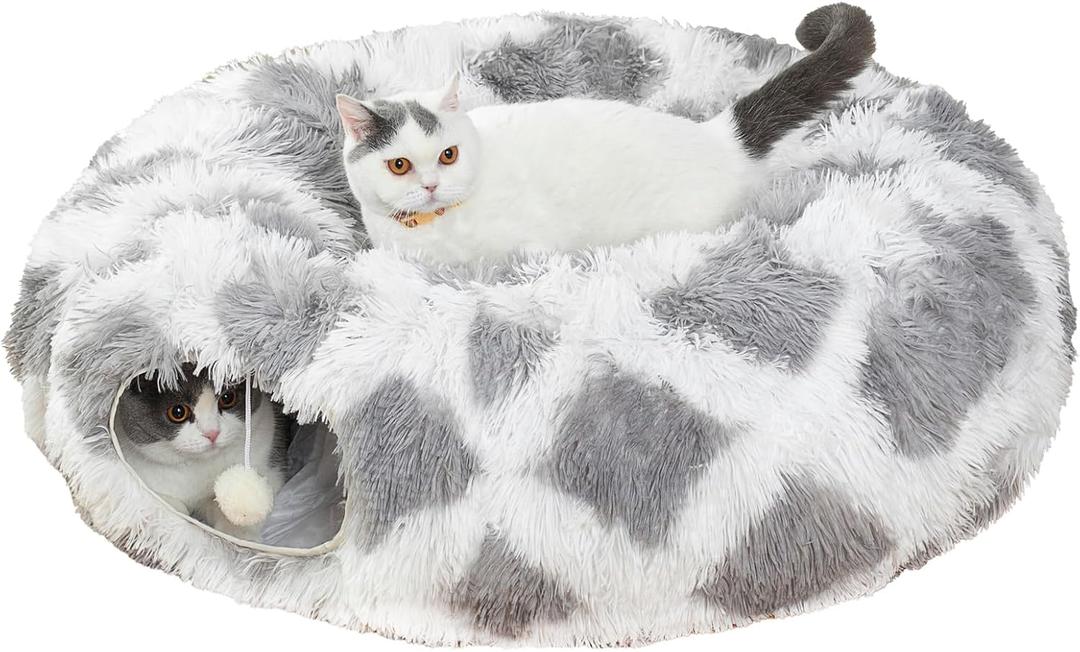 LUCKITTY Warm Fluffy Plush Cat Tunnel Bed with Washable Cushion- Big Tube Playground Toys 3 FT Diameter Collapsible, for Indoor Cat Kitty Kitten Puppy Rabbit Ferret Gray-White Diamond Pattern (Light Grey)