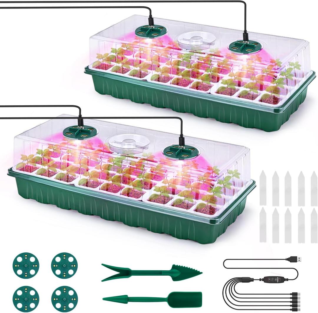 2 Packs Seed Starter Tray with Grow Lights, 72 Cells Silicone Seed Starter Kits with Humidity Dome, 3 Lights for Seed Starting, 4 Timing Set, 8 Full Spectrum Germination Kit for Plant Seeds