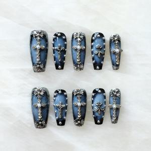 Gothic Press-On Nails, Long Ballerina Shape, Blue with Chrome and Pearl Accents, Handmade False Nail 10 Pieces (Small, LS) (0.11 Fl Oz (Pack of 1)) Gothic Press-On Nails, Long Ballerina Shape, Blue with Chrome and Pearl Accents, Handmade False Nail 10 Pieces (Small, LS) (0.11 Fl Oz (Pack of 1))
