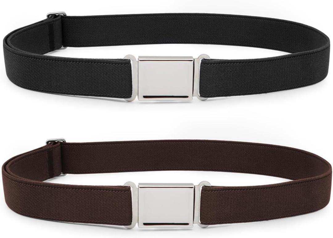 2 Pack Kids Adjustable Magnetic Belt Boys Girls Elastic Belt with Easy Magnetic Buckle By XZQQTIVE, Black+Coffee, Fit Pants 15-28inch