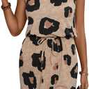 Women's Leopard Print Sleeveless Tank Dress Drawstring Waist Scoop Neck Dresses Summer Short Dress (X-Large, Khaki)
