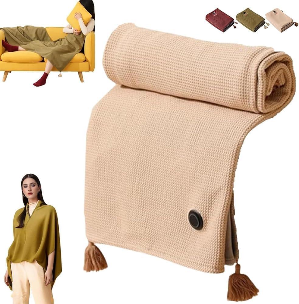 Portable Heating Blanket Shawl, Women's Heating Shawl,Portable Soft Zipper Electric Heated Blanket Shawl,Outdoor Wearable Wireless Electric Blanket with 3 Heating Levels (Khaki-Tassel)