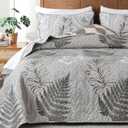 Grey Quilts Set King Size - Botanical Bedspread Bedding Set Floral Leaf Pattern, Reversible Quilt Coverlet Set 3 Pieces, Summer Botanical Bed Cover All Seasons with 2 Pillow Shams