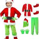 6PCS Kids Green Monster Costume Santa Claus Outfit for Boys Girls Christmas Cosplay Party Accessory Suits (Small)