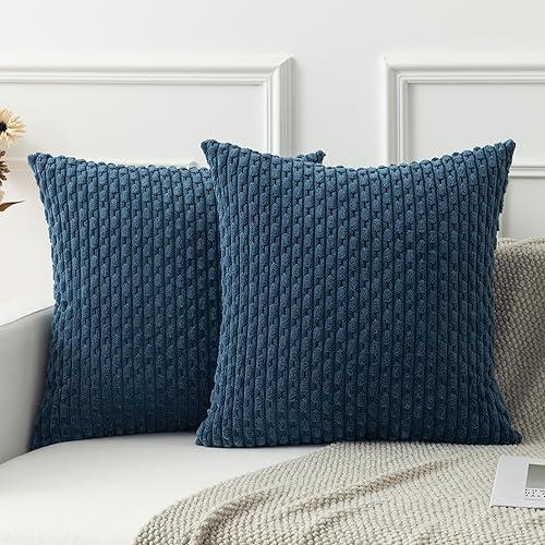 Kevin Textile 2 Packs Blue Decorative Throw Pillow Covers 22x22 Inch for Living Room Couch Bed Sofa Soft Striped Corduroy Square Cushion Case 55x55 cm Rustic Farmhouse Boho Home Decor